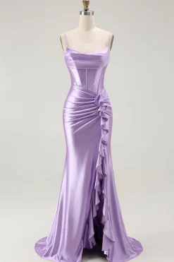 Roxo Sereia Espartilho Ruched LongosVestido De Baile com Fenda