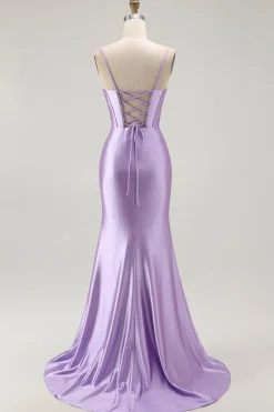 Roxo Sereia Espartilho Ruched LongosVestido De Baile com Fenda