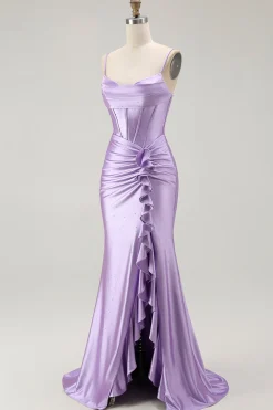 Roxo Sereia Espartilho Ruched LongosVestido De Baile com Fenda