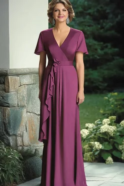 Roxo Sereia Wrap mangas curtas V Pescoço Folhos Chiffon Longa Mãe do Vestido da Noiva