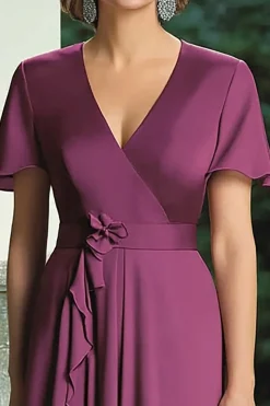 Roxo Sereia Wrap mangas curtas V Pescoço Folhos Chiffon Longa Mãe do Vestido da Noiva