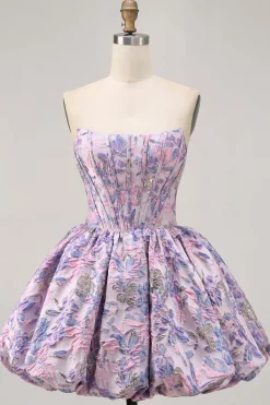 Roxo Strapless Brocade A-Line Corset Mini Homecoming Vestido com Bubble-Hem