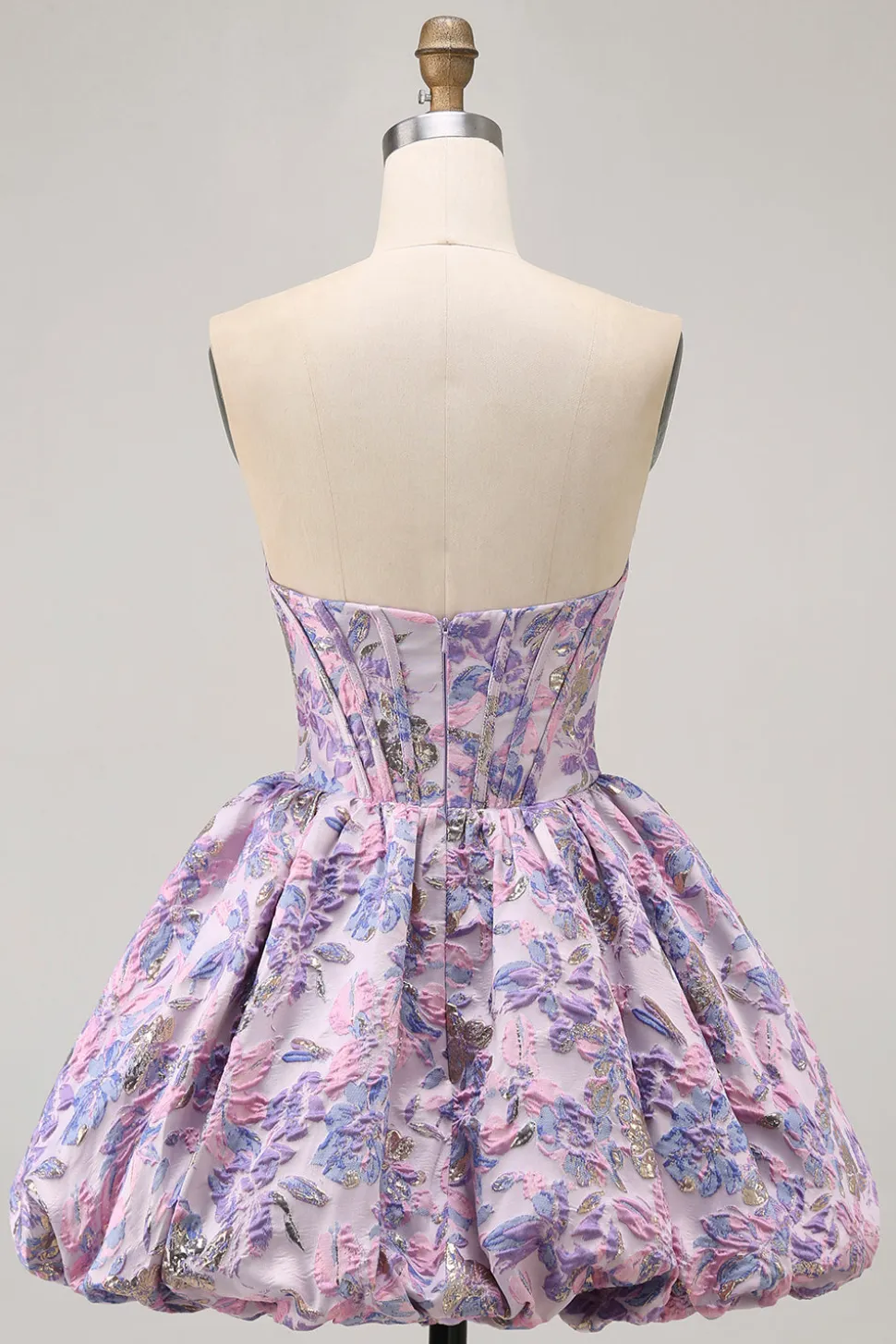 Roxo Strapless Brocade A-Line Corset Mini Homecoming Vestido com Bubble-Hem