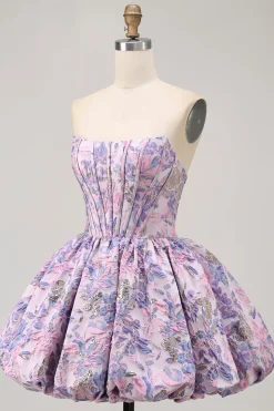 Roxo Strapless Brocade A-Line Corset Mini Homecoming Vestido com Bubble-Hem