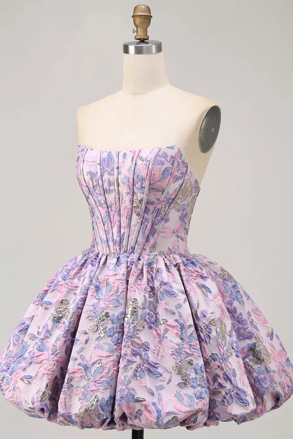 Roxo Strapless Brocade A-Line Corset Mini Homecoming Vestido com Bubble-Hem