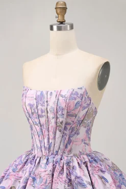 Roxo Strapless Brocade A-Line Corset Mini Homecoming Vestido com Bubble-Hem