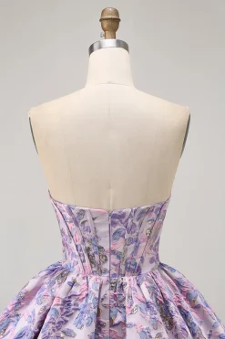 Roxo Strapless Brocade A-Line Corset Mini Homecoming Vestido com Bubble-Hem