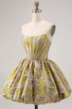 Roxo Strapless Brocade A-Line Corset Mini Homecoming Vestido com Bubble-Hem