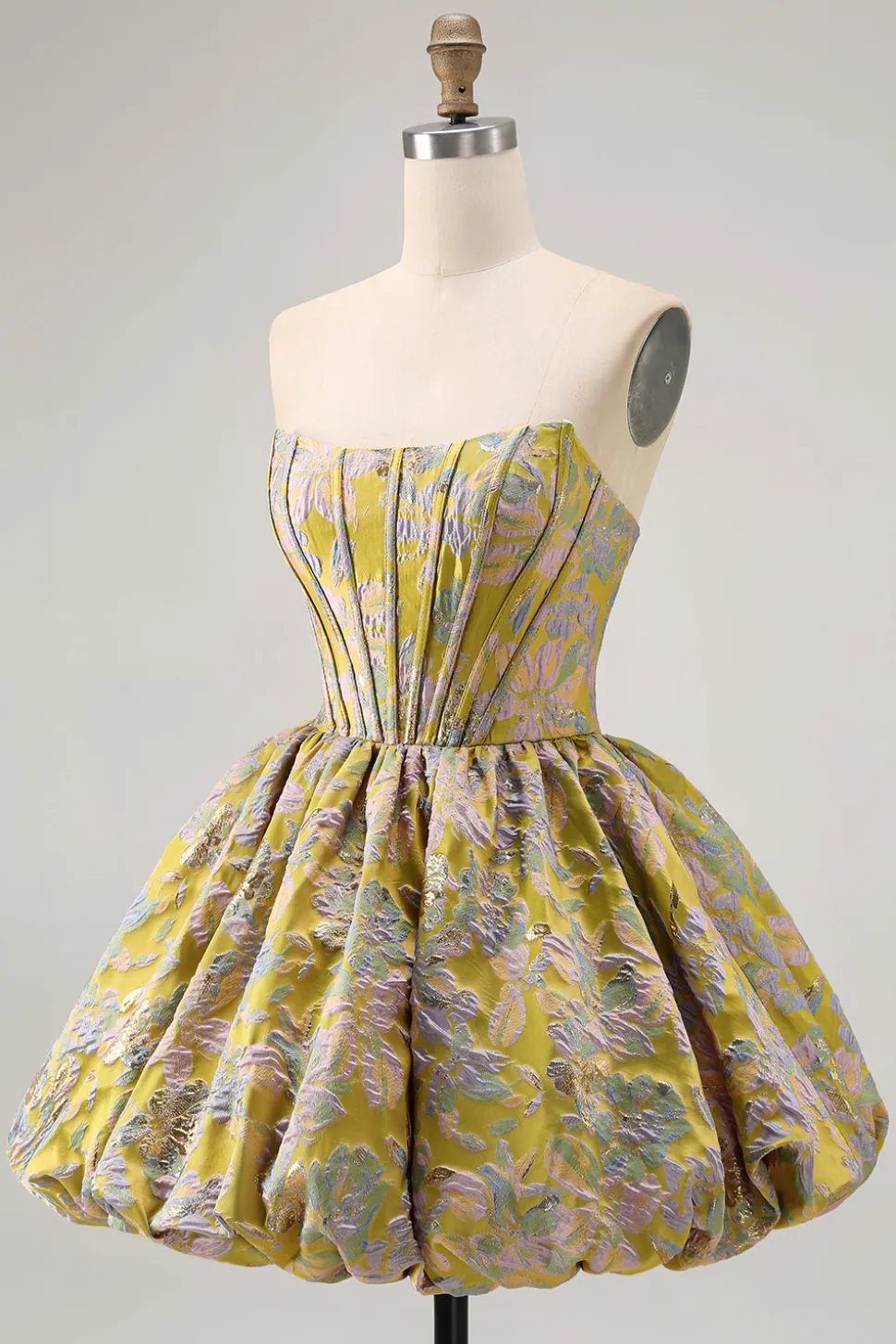 Roxo Strapless Brocade A-Line Corset Mini Homecoming Vestido com Bubble-Hem