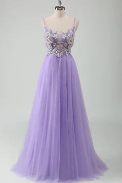 Roxo Tule A-Line Esparguete Correias Open Back Long Prom Dress com Apliques