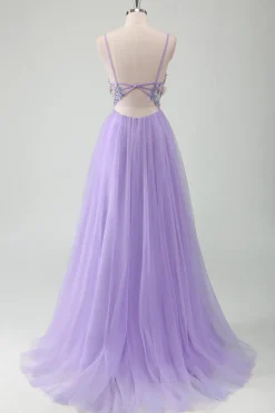 Roxo Tule A-Line Esparguete Correias Open Back Long Prom Dress com Apliques
