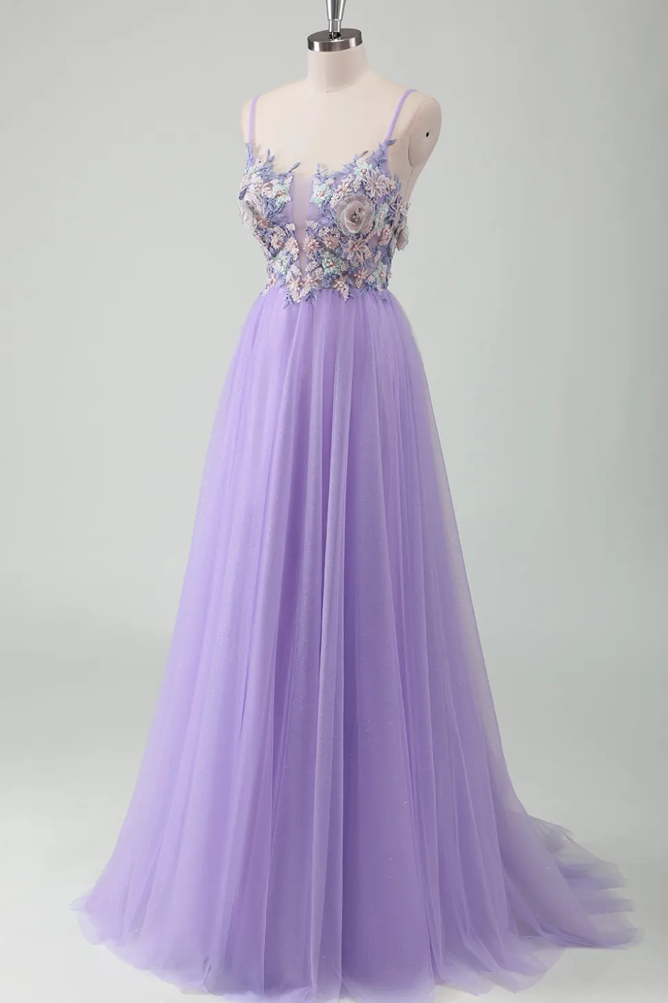 Roxo Tule A-Line Esparguete Correias Open Back Long Prom Dress com Apliques
