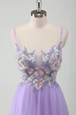 Roxo Tule A-Line Esparguete Correias Open Back Long Prom Dress com Apliques