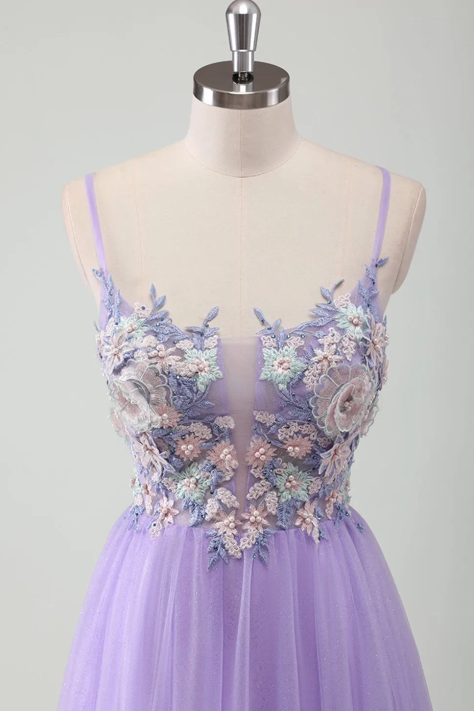 Roxo Tule A-Line Esparguete Correias Open Back Long Prom Dress com Apliques