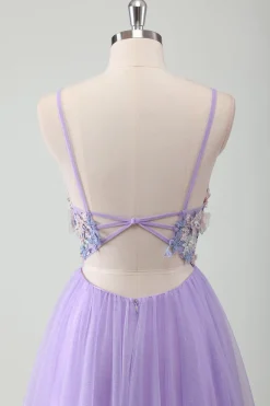 Roxo Tule A-Line Esparguete Correias Open Back Long Prom Dress com Apliques
