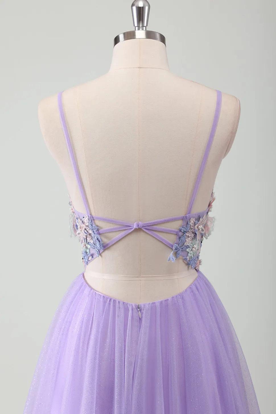 Roxo Tule A-Line Esparguete Correias Open Back Long Prom Dress com Apliques