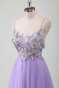 Roxo Tule A-Line Esparguete Correias Open Back Long Prom Dress com Apliques