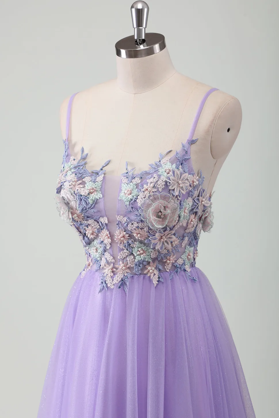 Roxo Tule A-Line Esparguete Correias Open Back Long Prom Dress com Apliques