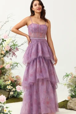 Roxo Tule Cintas de Espaguete Vestido de Dama de Honor