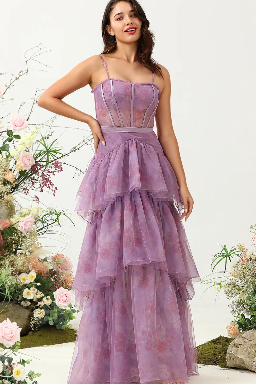 Roxo Tule Cintas de Espaguete Vestido de Dama de Honor