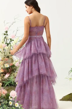 Roxo Tule Cintas de Espaguete Vestido de Dama de Honor
