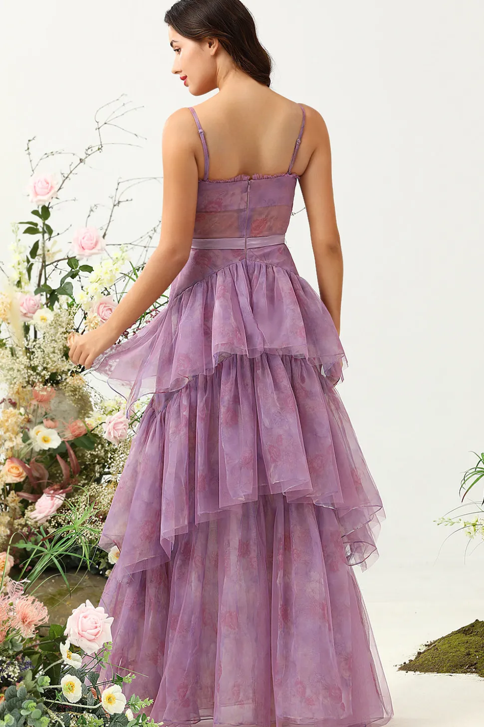 Roxo Tule Cintas de Espaguete Vestido de Dama de Honor