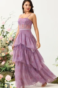 Roxo Tule Cintas de Espaguete Vestido de Dama de Honor