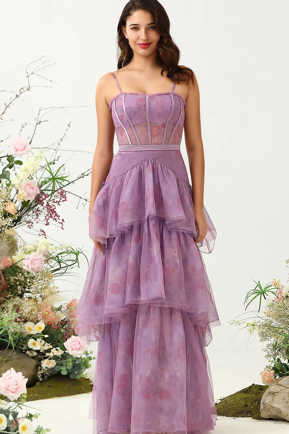 Roxo Tule Cintas de Espaguete Vestido de Dama de Honor