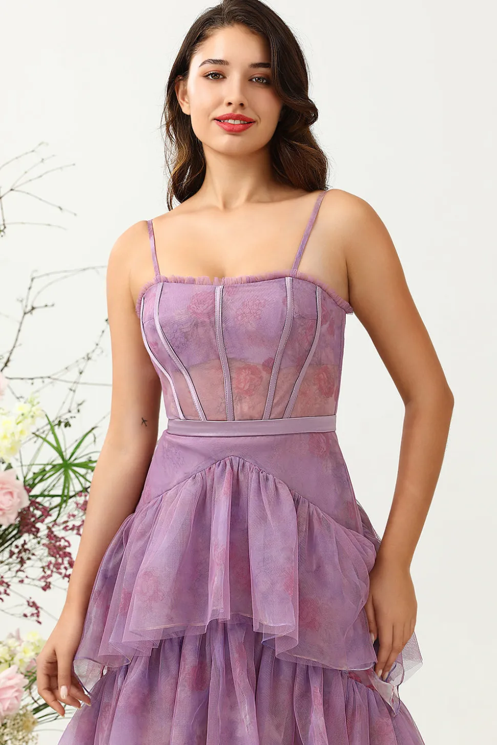 Roxo Tule Cintas de Espaguete Vestido de Dama de Honor