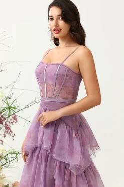 Roxo Tule Cintas de Espaguete Vestido de Dama de Honor