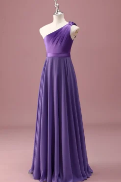Roxo Um Ombro Uma Linha plissado Chiffon Junior Vestido Madrinha