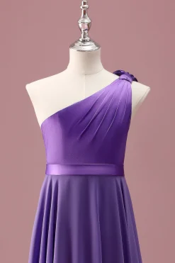 Roxo Um Ombro Uma Linha plissado Chiffon Junior Vestido Madrinha