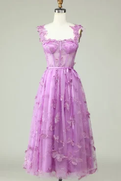 Roxo Uma Linha Borboletas Appliques Vestido de Baile