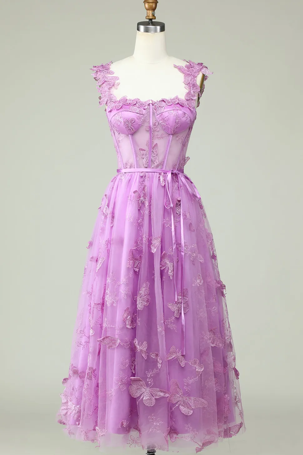 Roxo Uma Linha Borboletas Appliques Vestido de Baile