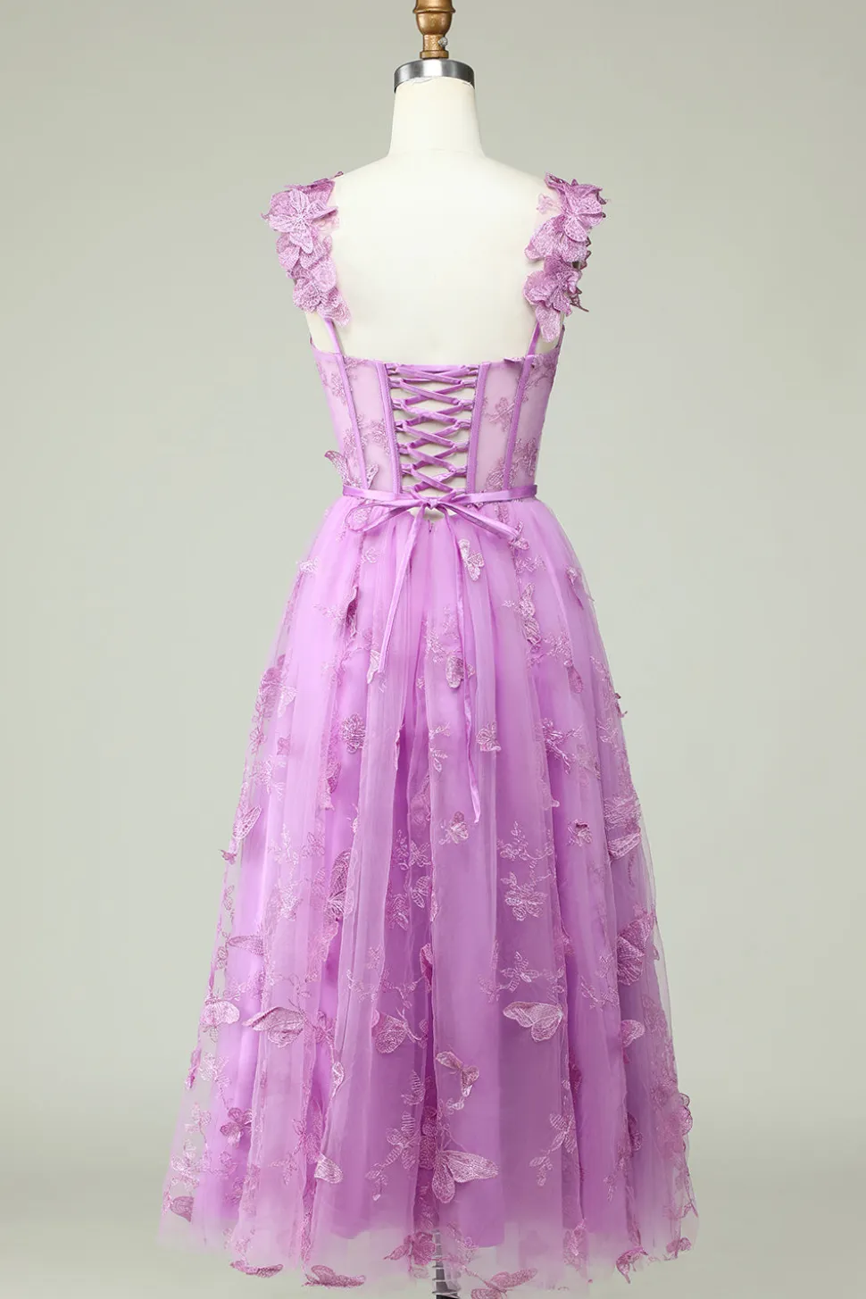 Roxo Uma Linha Borboletas Appliques Vestido de Baile