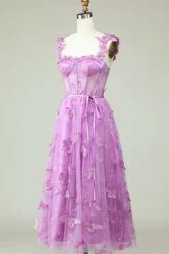 Roxo Uma Linha Borboletas Appliques Vestido de Baile