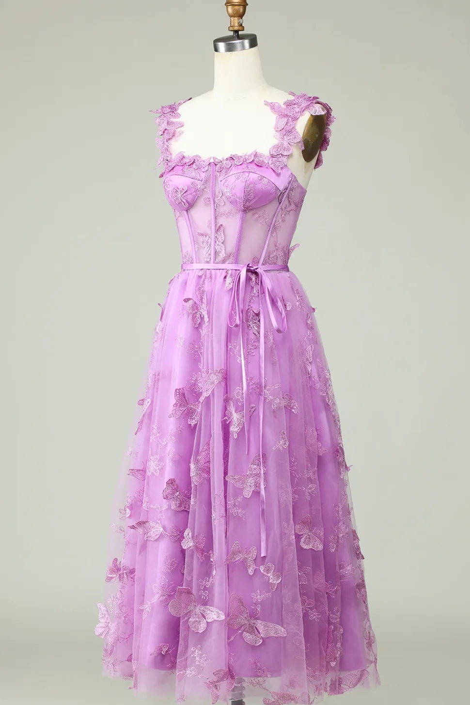 Roxo Uma Linha Borboletas Appliques Vestido de Baile