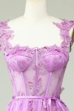 Roxo Uma Linha Borboletas Appliques Vestido de Baile