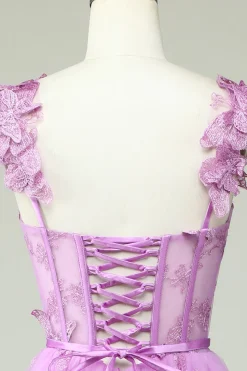 Roxo Uma Linha Borboletas Appliques Vestido de Baile