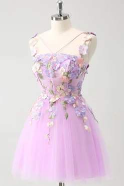 Roxo Uma Linha Halter Flores Tule Vestido Curto Homecoming