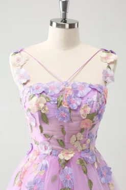 Roxo Uma Linha Halter Flores Tule Vestido Curto Homecoming