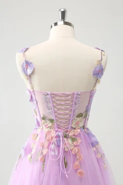 Roxo Uma Linha Halter Flores Tule Vestido Curto Homecoming