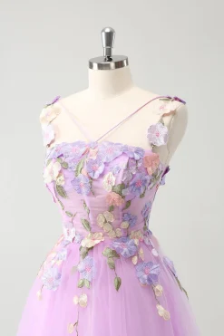 Roxo Uma Linha Halter Flores Tule Vestido Curto Homecoming