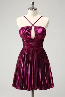 Roxo Uma linha Halter plissado vestido curto Homecoming com oco para fora