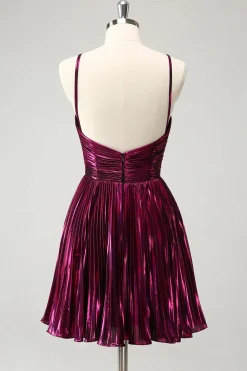 Roxo Uma linha Halter plissado vestido curto Homecoming com oco para fora