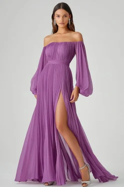 Roxo Uma Linha Mangas Longas Chiffon Vestido Formal com Fenda
