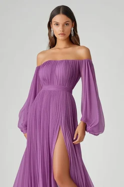 Roxo Uma Linha Mangas Longas Chiffon Vestido Formal com Fenda