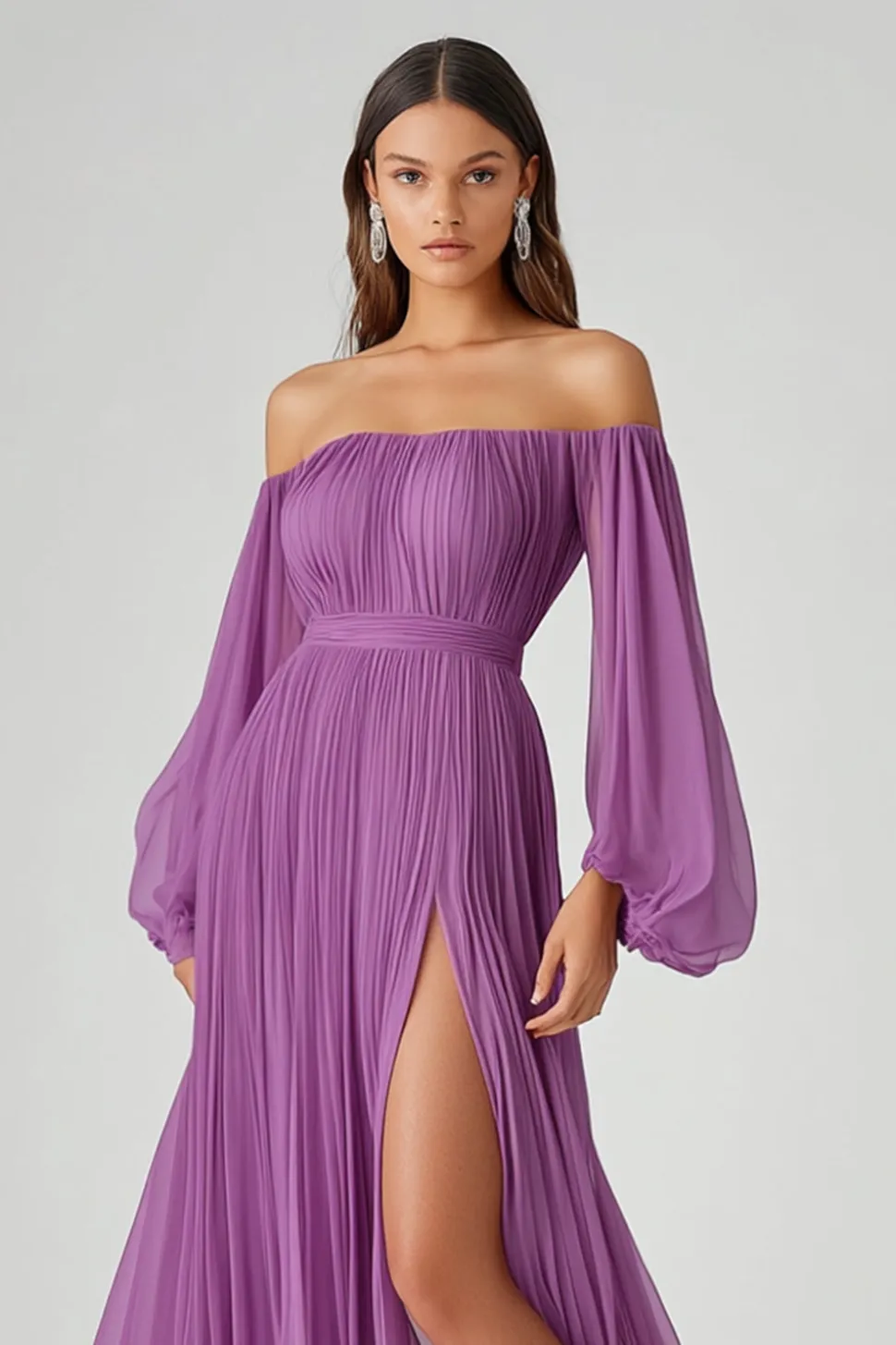 Roxo Uma Linha Mangas Longas Chiffon Vestido Formal com Fenda
