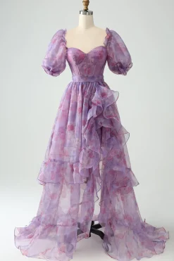 Roxo Uma Linha Pescoço Quadrado Corset Prom Dress Com Fenda