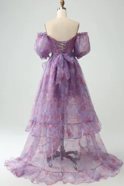 Roxo Uma Linha Pescoço Quadrado Corset Prom Dress Com Fenda